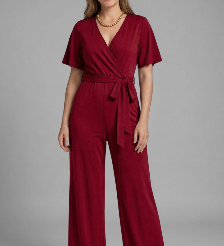 Damen Jumpsuit mit Wickel-Front und Bindegürtel