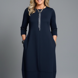 Damen Midi Kleid mit Rundhalsausschnitt und Taschen