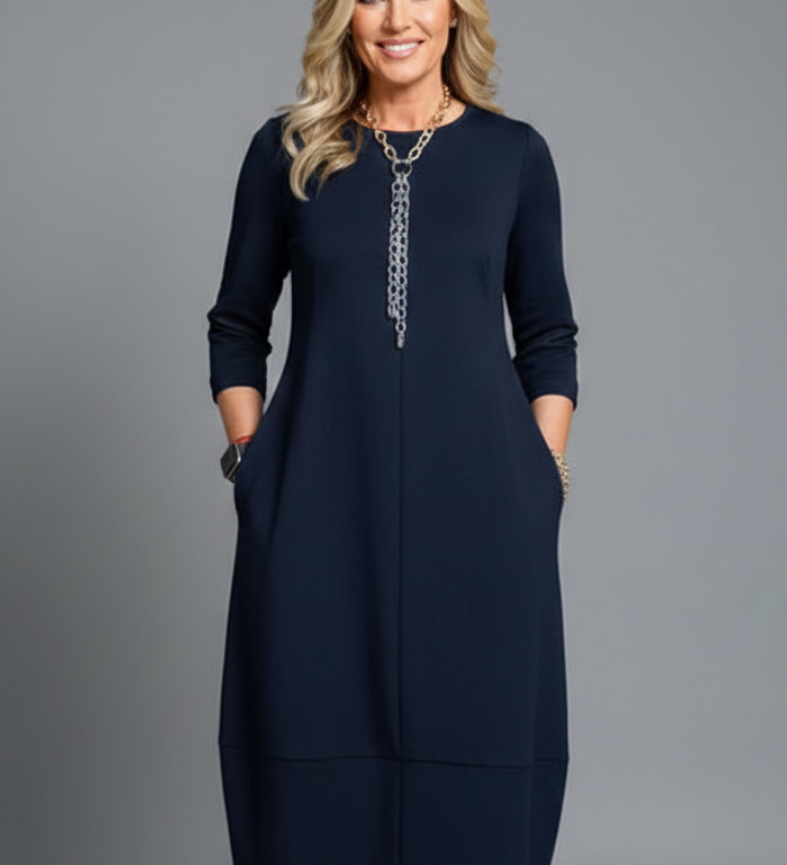 Damen Midi Kleid mit Rundhalsausschnitt und Taschen