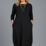 Damen Midi Kleid mit Rundhalsausschnitt und Taschen