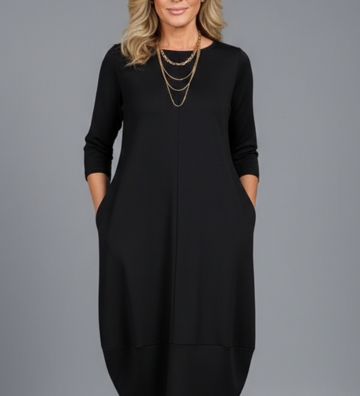 Damen Midi Kleid mit Rundhalsausschnitt und Taschen