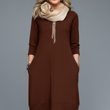 Damen Midi Kleid mit Rundhalsausschnitt und Taschen