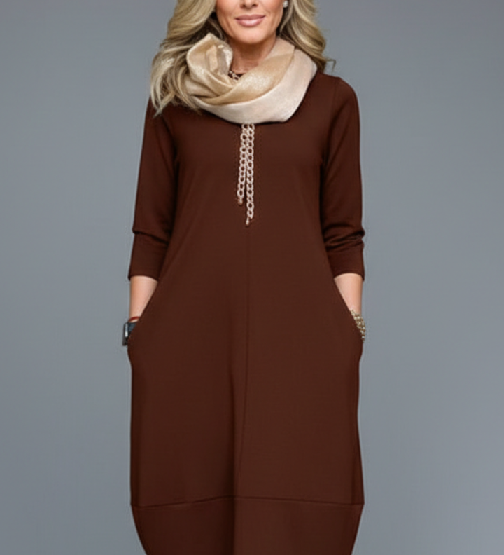 Damen Midi Kleid mit Rundhalsausschnitt und Taschen