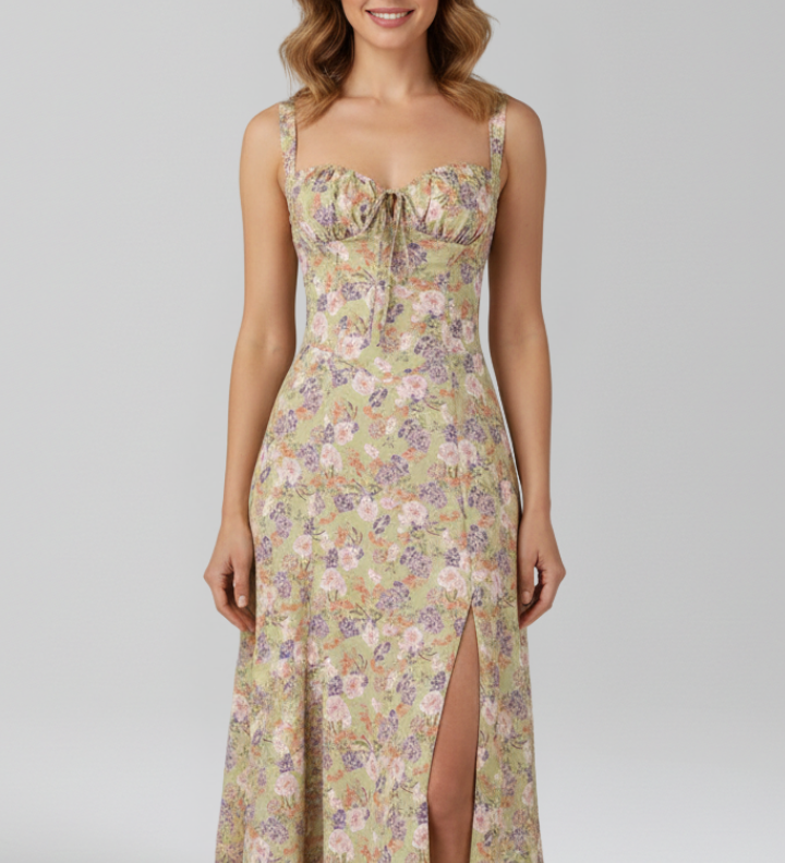 Damen Midi Kleid mit Trägern und gemusterter Rock