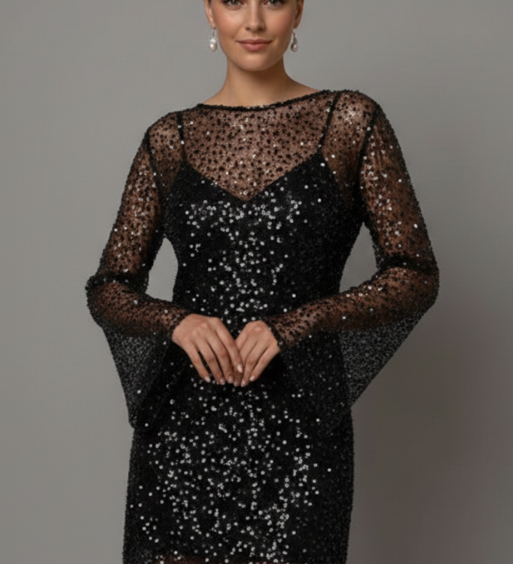 Damen Mini Kleid mit Mesh-Overlay und ärmelloser Unterlage