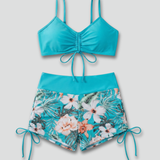 Damen Bikini-Set mit gerafftem Oberteil und bedruckten Shorts