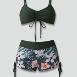 Damen Bikini-Set mit gerafftem Oberteil und bedruckten Shorts