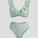 Damen Bikini-Set mit Rüschensaum und Streifenmuster
