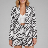 Damen Blazer Set mit offenem Vorderteil und bedruckten Shorts