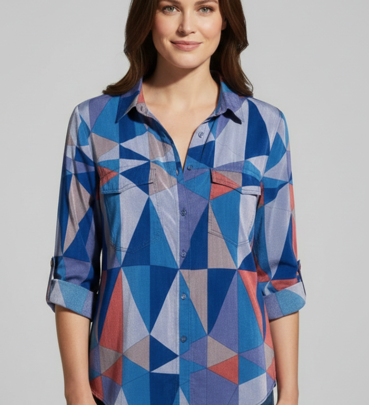 Damenbluse mit Knopfverschluss und geometrischem Druck