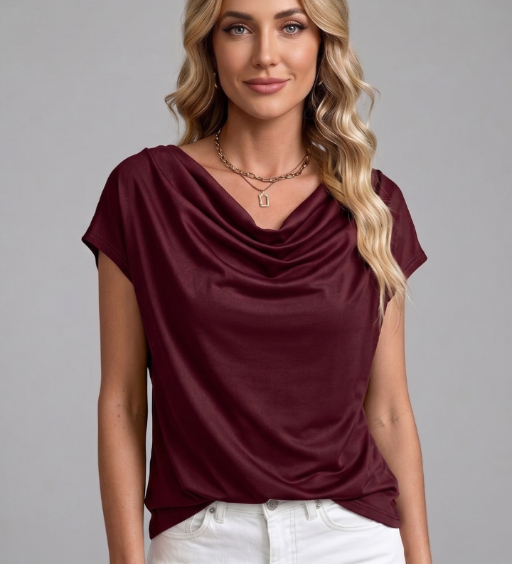 Damenbluse mit Schalkragen und Drapierung vorne
