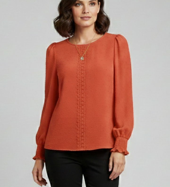 Damenbluse mit Rundhalsausschnitt und besticktem Detail