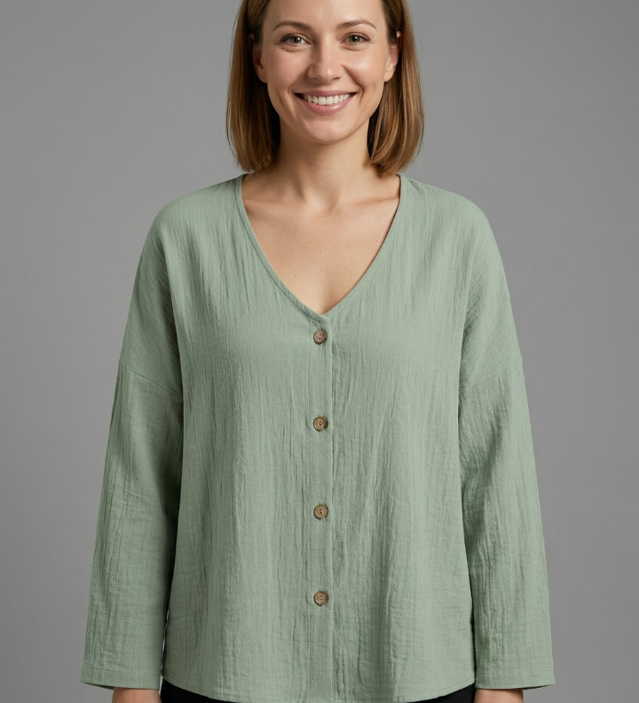 Damenbluse mit V-Ausschnitt und Knopfverschluss