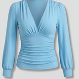 Damenbluse mit V-Ausschnitt und geraffter Taille