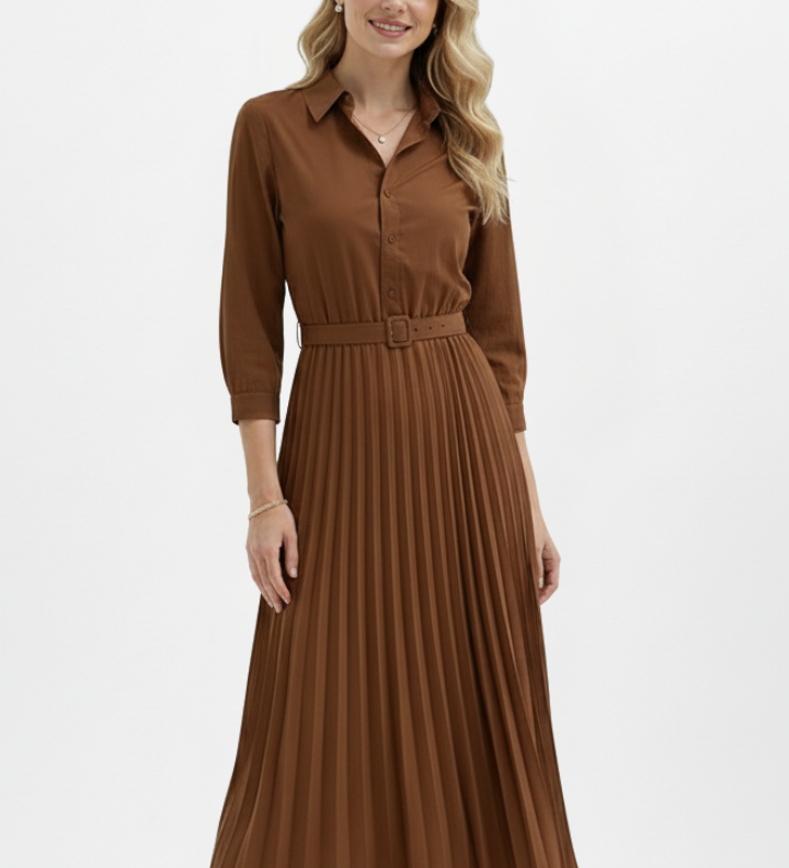 Damen Midi-Kleid mit Knopfleiste, Taillengürtel und Faltenrock