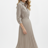 Damen Midi-Kleid mit Knopfleiste, Taillengürtel und Faltenrock