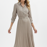 Damen Midi-Kleid mit Knopfleiste, Taillengürtel und Faltenrock