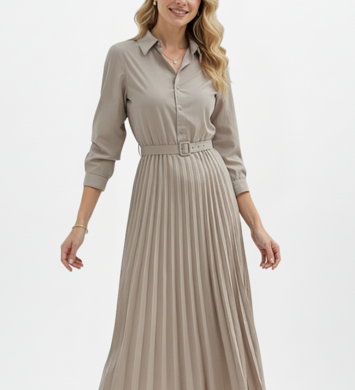 Damen Midi-Kleid mit Knopfleiste, Taillengürtel und Faltenrock