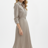 Damen Midi-Kleid mit Knopfleiste, Taillengürtel und Faltenrock