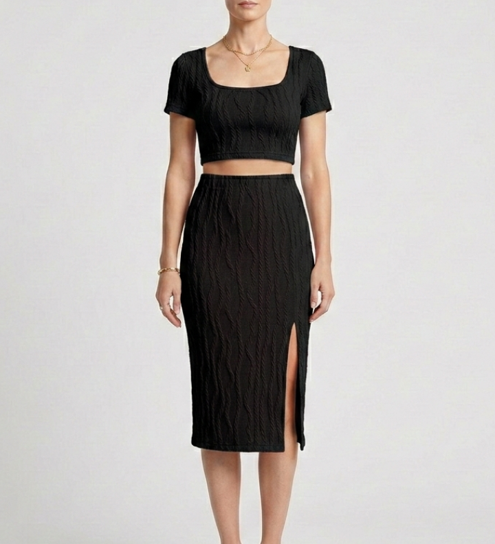 Damen Crop Top und Maxi Rock mit quadratischem Ausschnitt und seitlichem Schlitz