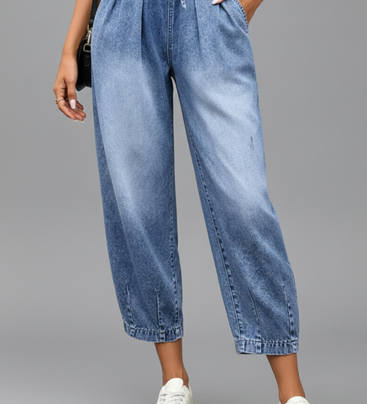 Damen Cropped Hose mit Kordelzugbund und Falten