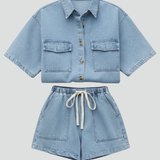 Damen Denim Set mit Kurzarm-Hemdjacke und Shorts