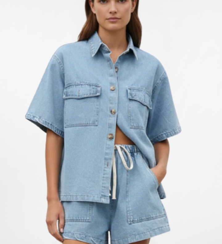 Damen Denim Set mit Kurzarm Hemdjacke und Shorts