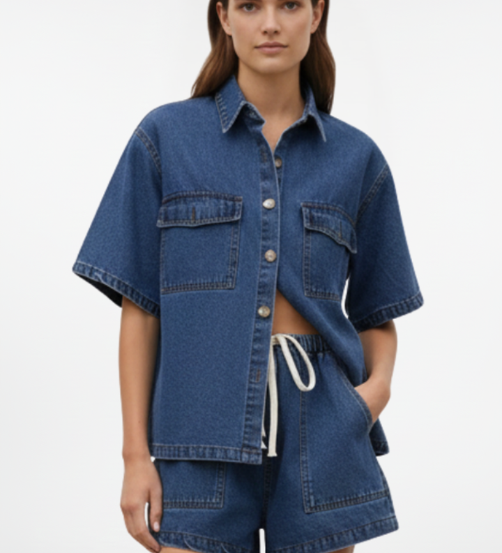 Damen Denim Set mit Kurzarm Hemdjacke und Shorts