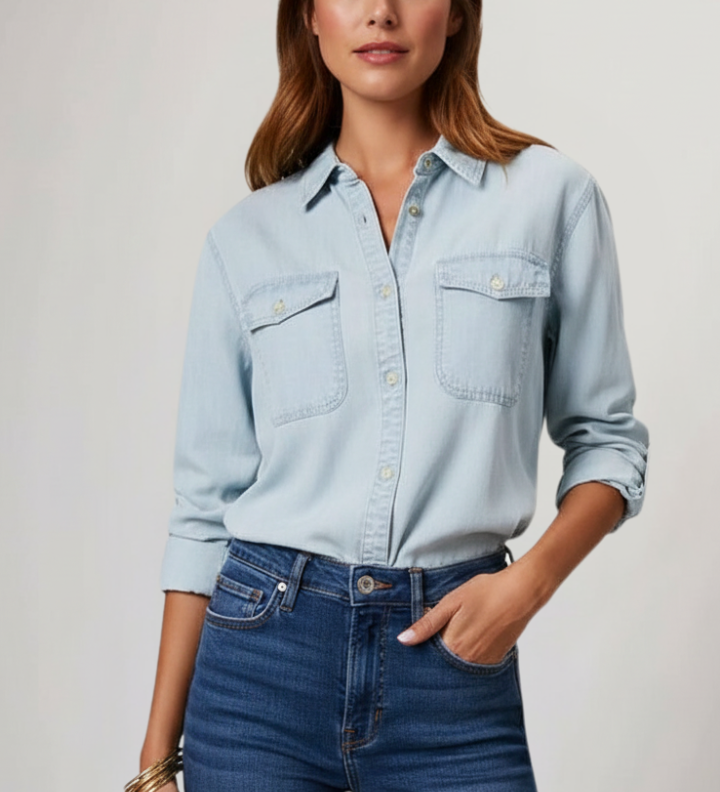 Damen Denim-Hemd mit Knopfleiste und langen Ärmeln