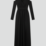 Damenkleid mit Spitzenapplikationen und gestuftem Rock mit V-Ausschnitt und Seitenschlitz