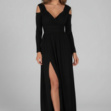 Damenkleid mit Spitzenapplikationen und gestuftem Rock mit V-Ausschnitt und Seitenschlitz
