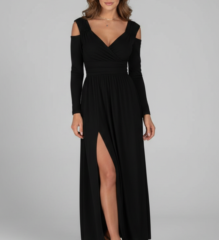 Damenkleid mit Spitzenapplikationen und gestuftem Rock mit V-Ausschnitt und Seitenschlitz