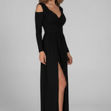 Damenkleid mit Spitzenapplikationen und gestuftem Rock mit V-Ausschnitt und Seitenschlitz