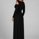 Damenkleid mit Spitzenapplikationen und gestuftem Rock mit V-Ausschnitt und Seitenschlitz