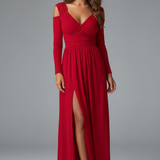 Damenkleid mit Spitzenapplikationen und gestuftem Rock mit V-Ausschnitt und Seitenschlitz