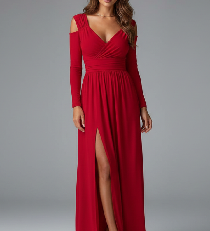 Damenkleid mit Spitzenapplikationen und gestuftem Rock mit V-Ausschnitt und Seitenschlitz