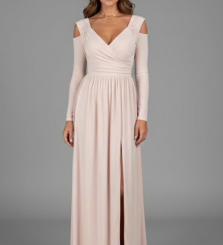 Damenkleid mit Spitzenapplikationen und gestuftem Rock mit V-Ausschnitt und Seitenschlitz