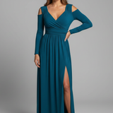 Damenkleid mit Spitzenapplikationen und gestuftem Rock mit V-Ausschnitt und Seitenschlitz