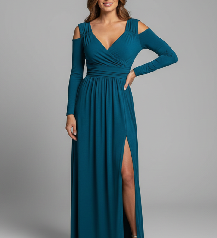 Damenkleid mit Spitzenapplikationen und gestuftem Rock mit V-Ausschnitt und Seitenschlitz
