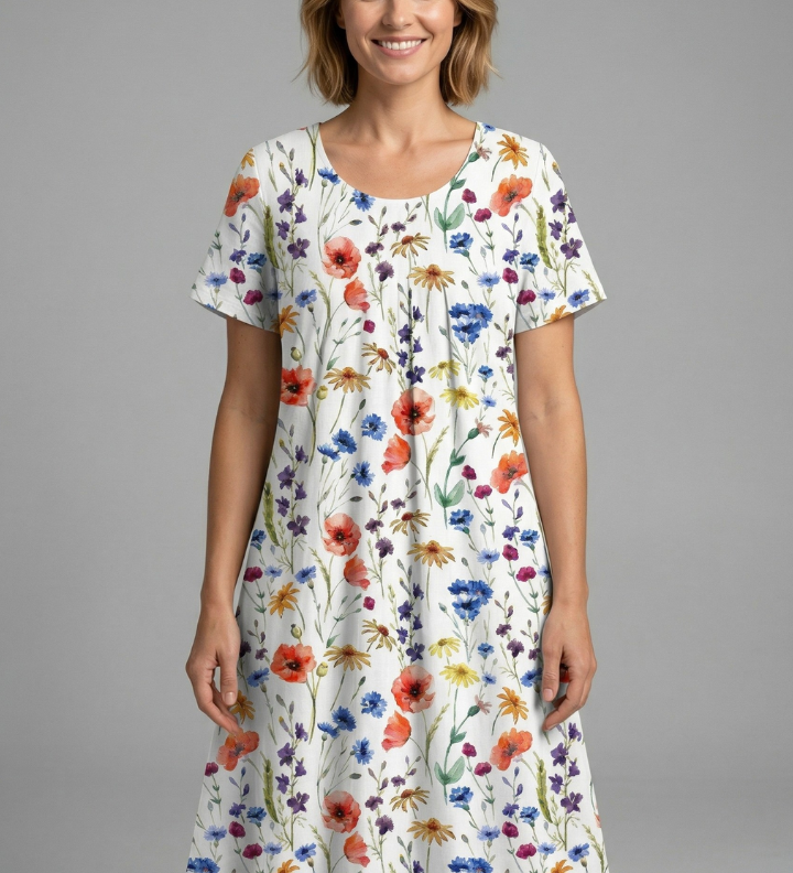 Damenkleid mit Rundhalsausschnitt und kurzen Ärmeln