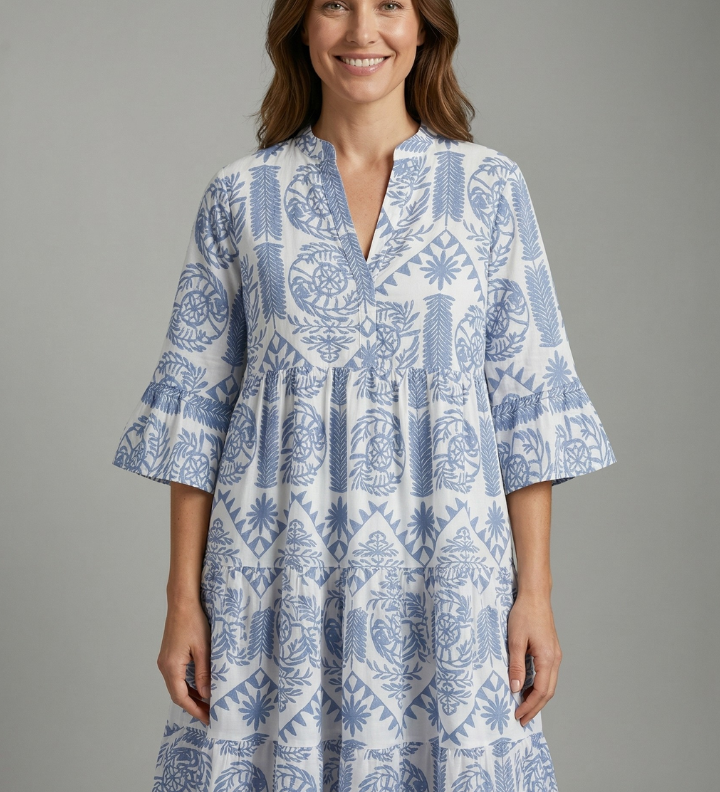 Damenkleid mit Rundhalsausschnitt und Dreiviertelärmeln