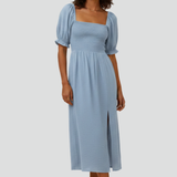 Damenkleid mit gerafftem Oberteil und seitlichem Schlitz