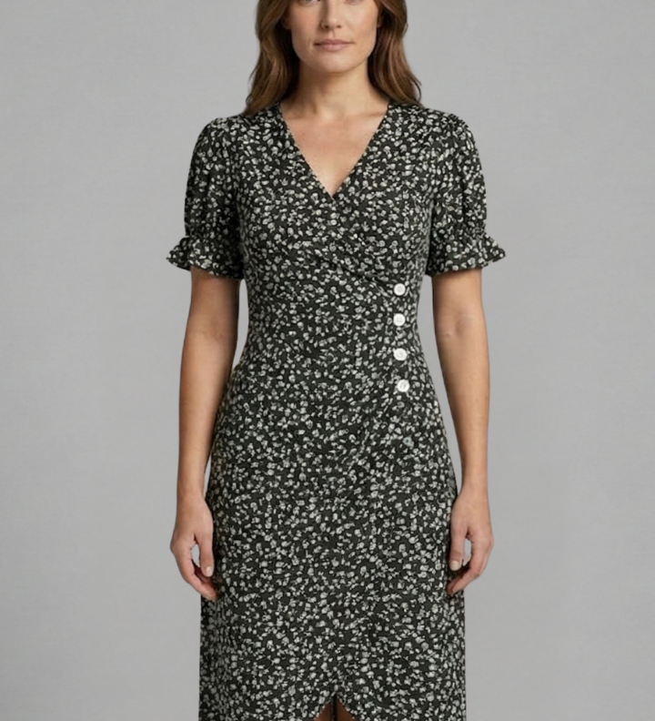 Damenkleid mit V-Ausschnitt und Knopfleiste