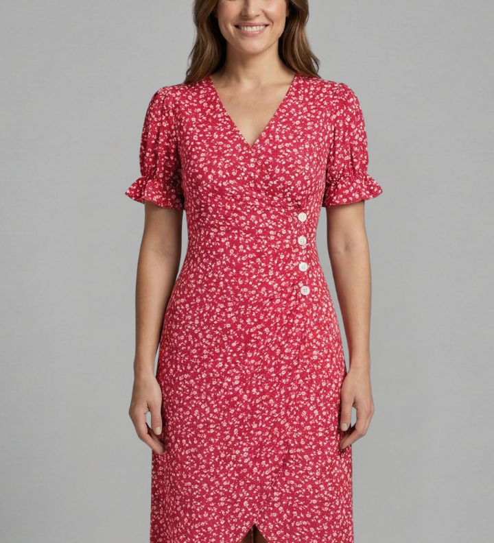 Damenkleid mit V-Ausschnitt und Knopfleiste