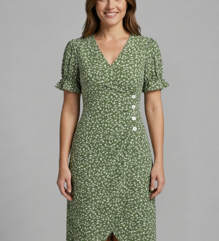 Damenkleid mit V-Ausschnitt und Knopfleiste