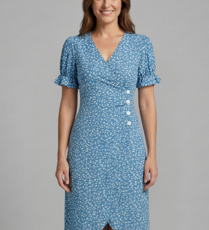 Damenkleid mit V-Ausschnitt und Knopfleiste