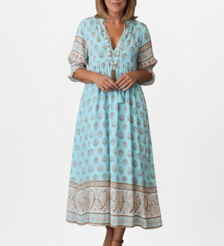 Damenkleid mit V-Ausschnitt und gemusterter Oberfläche