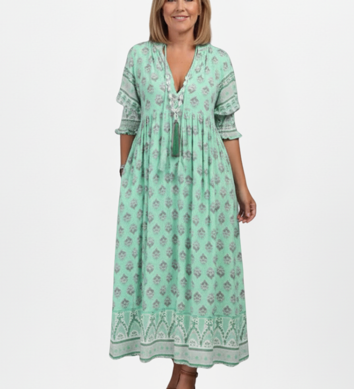 Damenkleid mit V-Ausschnitt und gemusterter Oberfläche