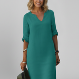 Damenkleid mit V-Ausschnitt und Dreiviertelärmeln