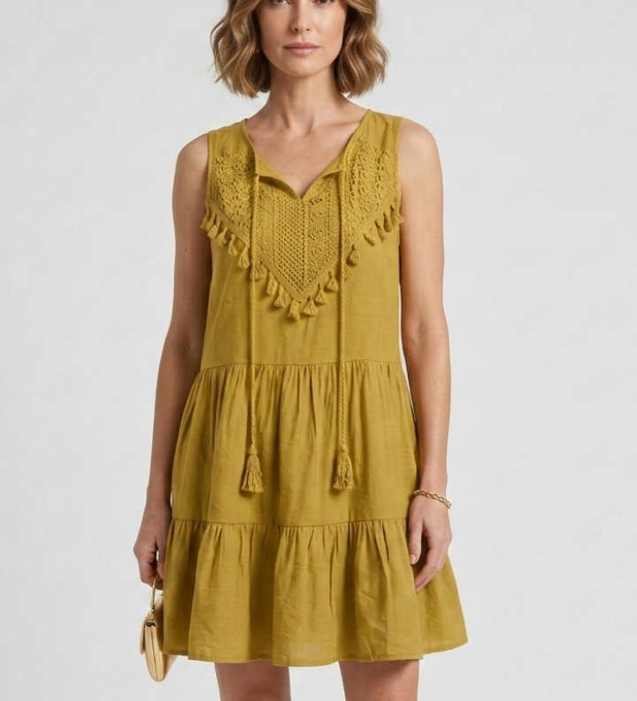 Damenkleid mit V-Ausschnitt und gestuftem Saum